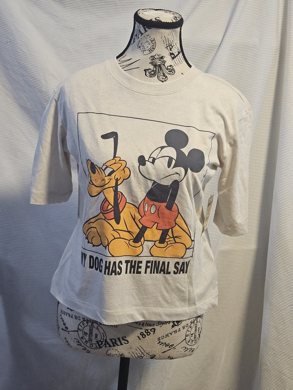 NWT Disney Mickey & Pluto Shirt "My Dog Has The Final Say" Cream / Ivory XXS